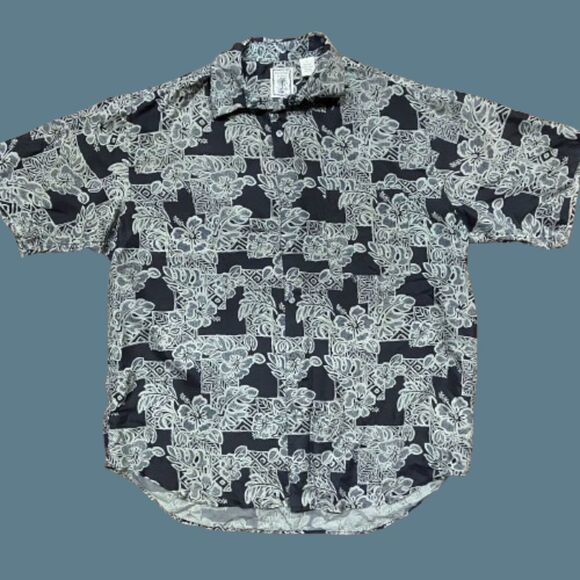 Roundtree & Yorke Vintage Silk Abstract Black Grey Button Front Shirt Mens Large - Picture 1 of 7